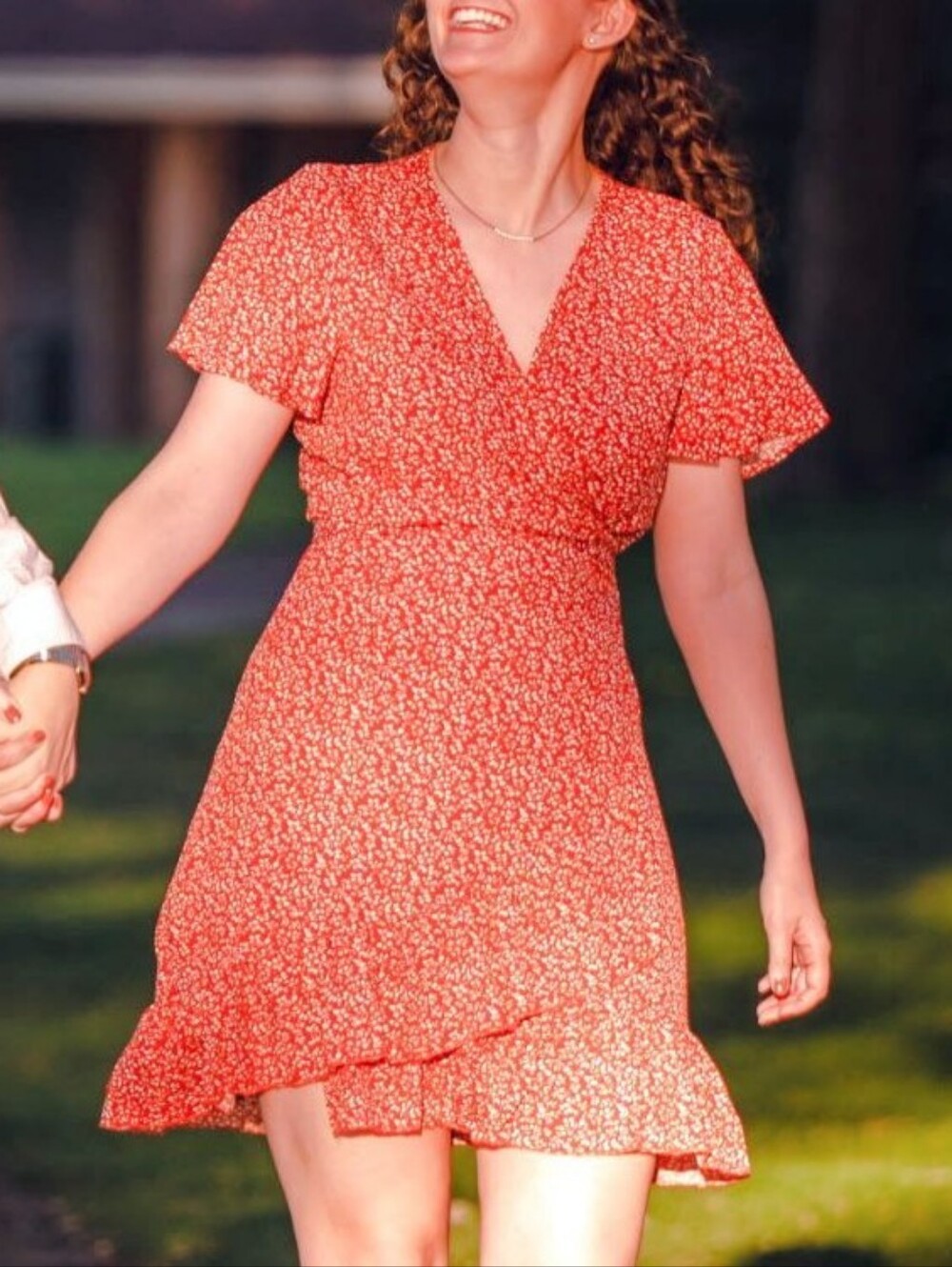 Naggoo Rust Floral Ruffle Trim Wrap Mini Dress